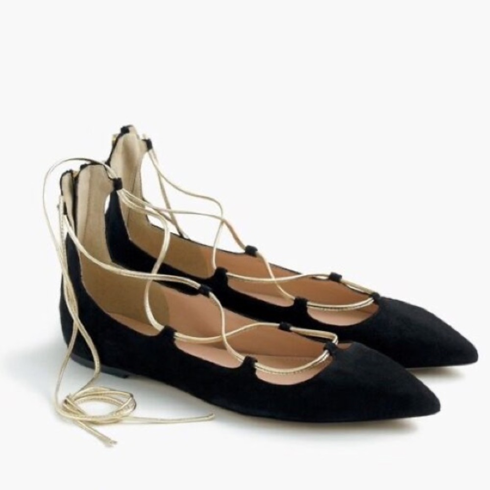 JCrew - Black Suede Pointy Toe Lace Up Flats
